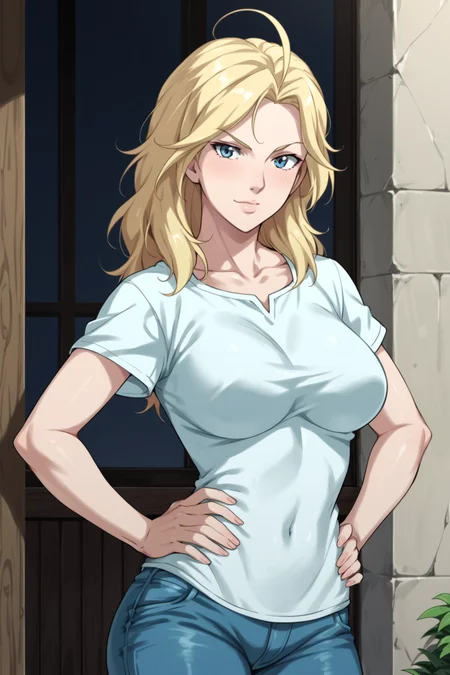PonyXLV6_Scores BREAK ((parody), perfect anatomy, perfect eyes, cowboy shot), <lora:add_details_xl:0.8> BREAK <lora:Captain_Marvel_-_Marvel_Animation:0.8> carol danvers, long hair, blonde hair, ahoge, blue eyes, flirting, raised eyebrow, ((looking at viewer)), collarbone, t-shirt, short sleeves, jeans, large breasts, curvy, toned, athletic, sexually suggestive pose, hands on hip, outdoors