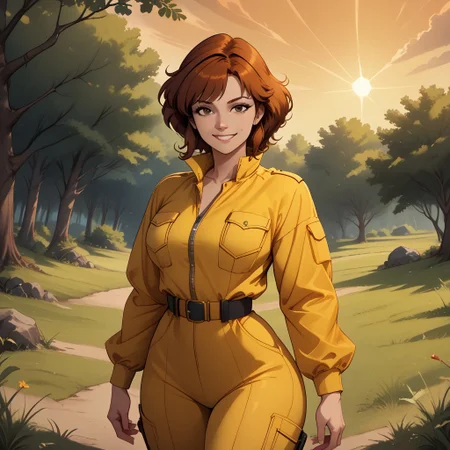 score_9, score_8, BREAK, April O’ Neil, beautiful red head girl, large breasts, broad hips, strong legs, tight waist, hourglass figure, chin-length auburn hair, athletic build, dark brown eyes, yellow jumpsuit, big cleavage, white belt, a watch, white boots, sexy pose, self portrait, smile, outdoors, sunlight, shadows, evening lighting, natural lighting, forest, trees, grass, orange sky, sunset