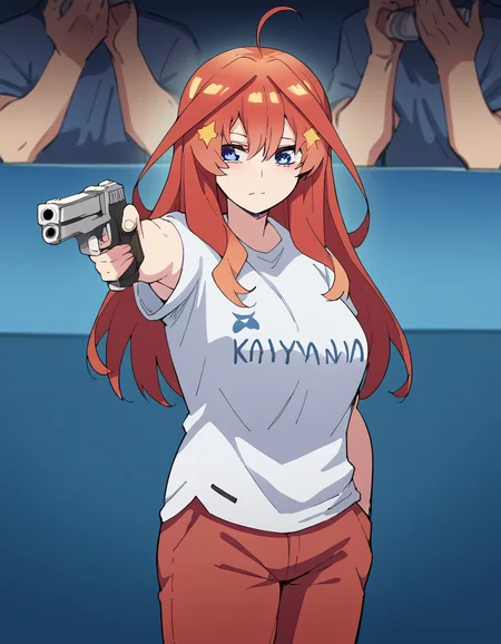 score_9, score_8_up, score_7_up, source_anime, <lora:itsuki-nakano-s2-ponyxl-lora-nochekaiser:1>, itsuki nakano, bangs, blue eyes, hair between eyes, ahoge, red hair, star (symbol), hair ornament, star hair ornament, mature female, large breasts, <lora:yusuf-dikec-ponyxl-lora-nochekaiser:1> yusuf dikec, yusuf dikec (meme), meme, hand in pocket, handgun, holding gun, gun, shirt, t-shirt, pants, audience,, , cowboy shot,