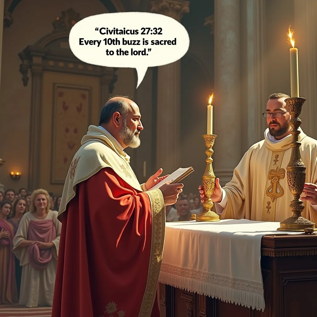 a roman catholic priest, at the altar, facing his Mass, with a speech bubble "Civitaiicus 27:32 Every 10th buzz is sacred to the lord"