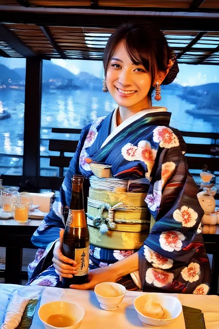 score_9, score_8_up, score_7_up, source_real, realistic, photorealistic, BREAK
Yakatabune, 1girl, solo, japanese clothes, kimono, smile, bottle, cup, japanese food, looking at viewer, realistic, black hair, brown hair, single hair bun, sash, jewelry, floral print, obi, earrings, hair bun, alcohol, sitting, short hair, tokkuri, night,
<lora:detailed_notrigger:1> <lora:zy_Detailed_Backgrounds_v1:1>, Depth of field <lora:BDpony_Yakatabune_V1-5772:1>, Depth of field:1.3