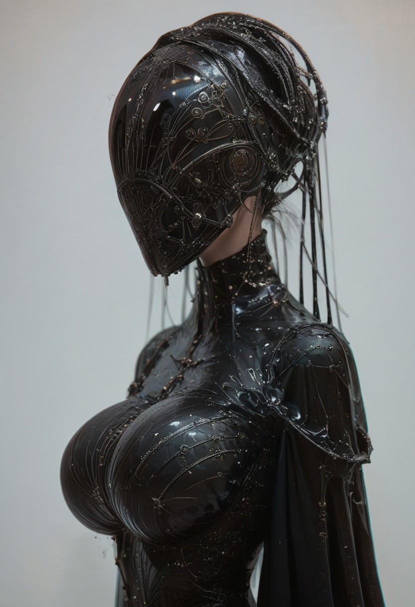 score_9, score_8_up, score_7_up, rating_safe, concept art, semi-realistic, 1girl, solo.
Young beautiful face, fit body, 
(Big breast), (round breasts:1.5), 
FaceLessMask, Faceless, Eyeless, Mask. 
Robor mask, Chrome mask