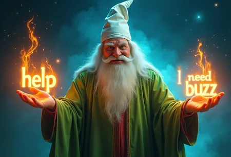 an old wizard with a mustache and long beard dressed in a bright green robe and a white cone hat with his hands outstretched emanating magic and rays from it and emanating fire from his hands and this fire forms giant words that say: "help I need buzz" , night background, space with galaxies and stars in the background, wizard floating in space, front view, arms outstretched towards the viewer, wizard with an evil face smiling, angry face, Machiavellian smile, smug face, toothy smile, from below, wizard with a big nose, white eyebrows, mustache and white beard, super powerful wizard, powerful, wizard with eyes emanating blue electricity, illuminated eyes, wizard god