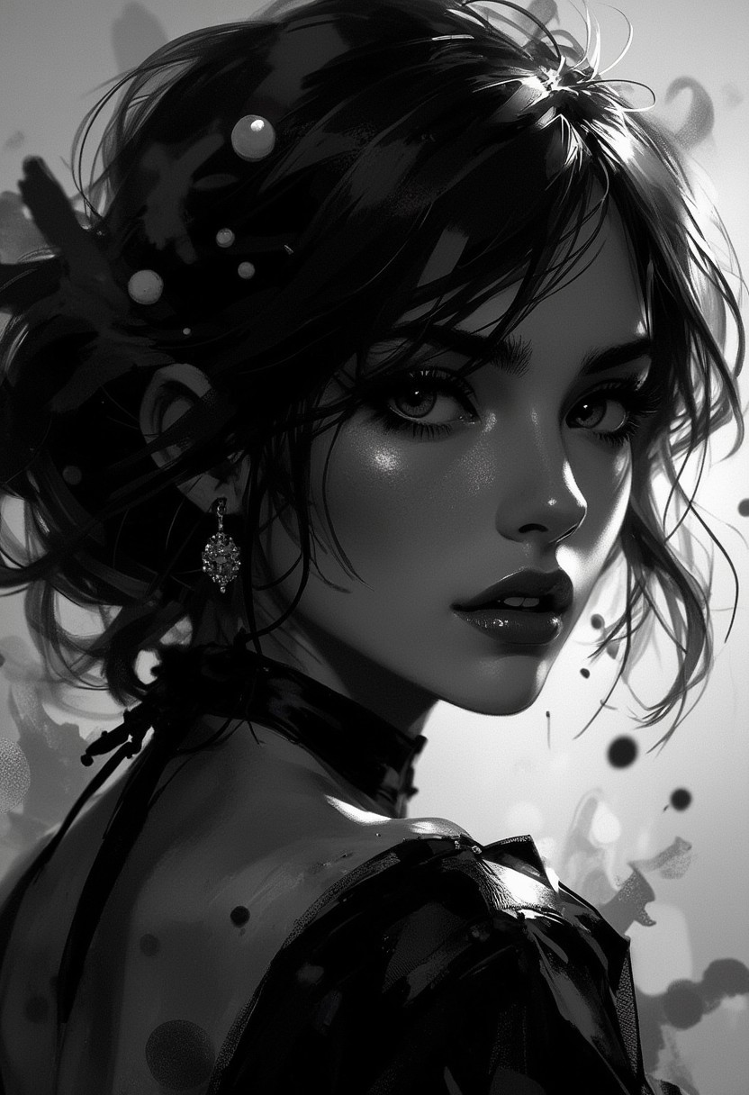 neo-noir portrait study, silver halide gradients, dramatic shadow cascades, smoke-like fabric flows, timeless elegance meeting raw emotion –style raw