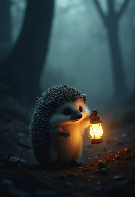 A small hedgehog standing alone in a dark, misty forest. The hedgehog is covered in spiky needles and holds a small glowing lantern in its right paw, which illuminates its surroundings. The hedgehog has wide, round black eyes with a gentle, innocent expression. Its tiny legs and arms are barely visible under the thick coat of needles. The overall atmosphere is mysterious and melancholic, with soft, diffused lighting. The foggy background creates a sense of depth and isolation, with dark, indistinct trees barely visible in the distance. <lora:FluxDFaeTasticDetails:0.8> <lora:aidmaImageUpgrader-FLUX-V0.1:0.33> detailmaximizer,