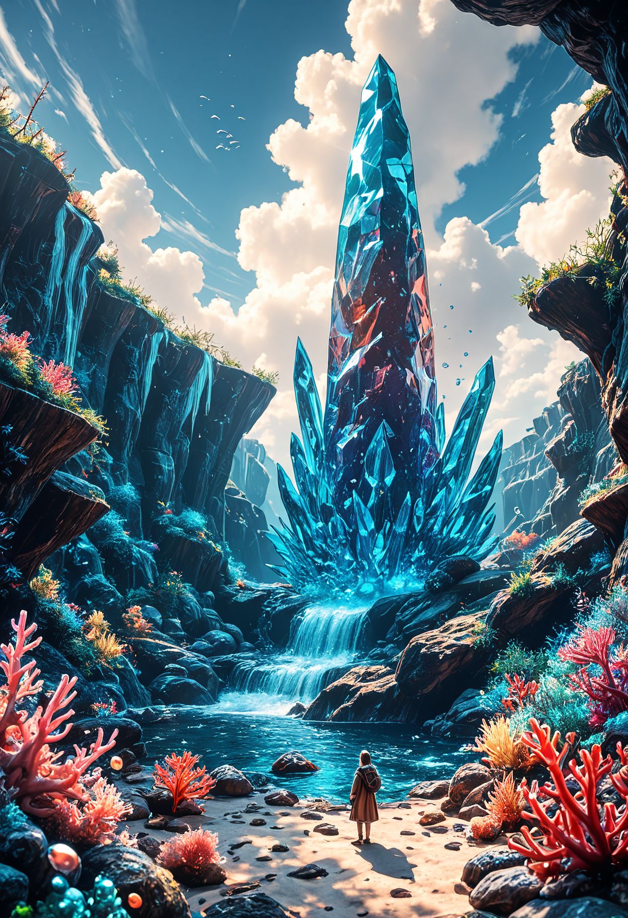 SmoothNoob_Quality, air bubble, bubble, cloud, coral, crystal, day, fantasy, ocean, giant crystal,  scenery, wide shot,  <lora:Smooth_Booster:0.5>​​​