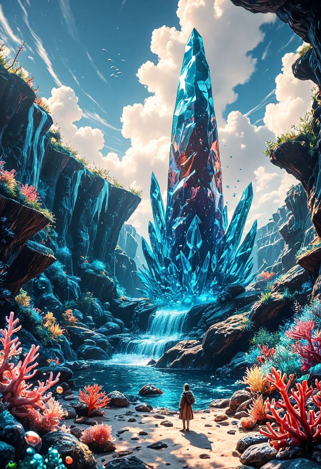SmoothNoob_Quality, air bubble, bubble, cloud, coral, crystal, day, fantasy, ocean, giant crystal, scenery, wide shot, <lora:Smooth_Booster:0.5>