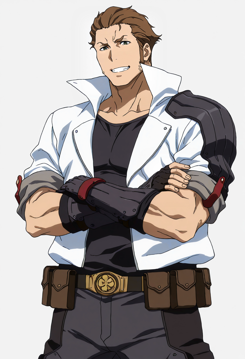SmoothNoob_Quality,
<lora:Sword__Wilhelm_Ragnvald_Garo_-VANISHING_LINE-:1>,
1boy,s0rud0,brown_s0rud0_hair,blue_s0rud0_eyes,anime coloring,long sideburns,muscular male,bara,s0rudo_zaruba,
looking at viewer,grin,white jacket,popped collar,sleeves rolled up,black shirt,pants,black gloves,fingerless gloves,gauntlets,utility belt,
foreshortening,from above,fist pump,
cowboy shot