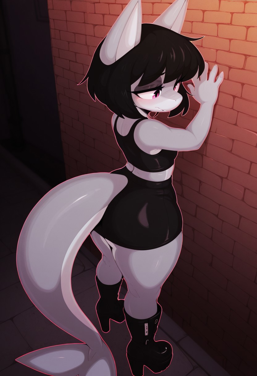 ephemilie ,1girl, furry, furry female,shark female, anthro, black hair with, perfect eyes, pink eyes, grey skin, grey body, long tail, back against wall, hands to the side, brick wall, alley, standing, thick, slimthick, front view, platform high heel boots, dark mini skirt , 
dynamic angle, foreshortening,