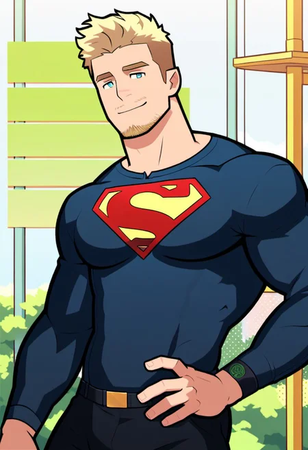 score_8_up,blonde,superman \(series\),bodysuit,superman logo,
smile,standing,goatee,cowboy shot,
humplex-style,1boy,pectorals,male focus,bara,muscular,solo,muscular male,
best quality,amazing quality,best aesthetic,absurdres,
<lora:humplex-style:1>,