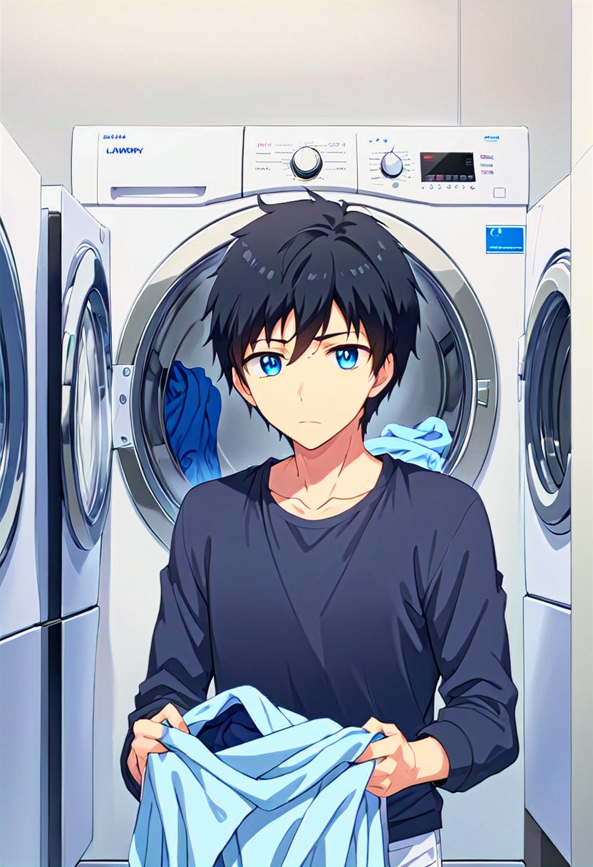 high resolution, solo, best quality, 1Boy, Arata Kaziaki, Black Hair, Blue Eyes, Laundry day, washing machine, folding clothes,