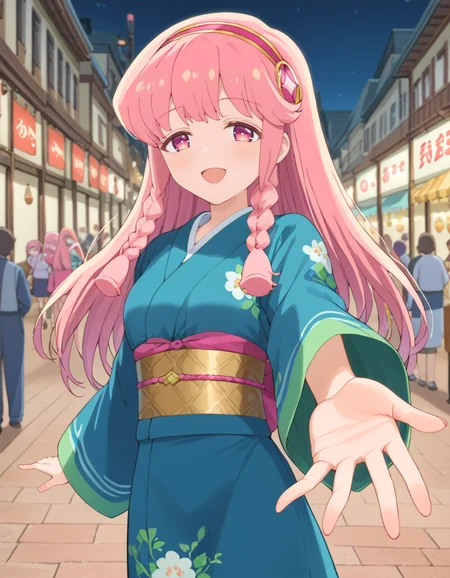 score_9, score_8_up, score_7_up, source_anime, high res image, masterpiece, best quality, BREAK
1girl, looking at viewer, happy, open mouth, blurry background, crowd, reaching towards viewer, pov,
mami kirara (puniru wa kawaii slime), long hair, pink hair, hairband, sidelocks, twin braids, pink eyes,
blue kimono, wide sleeves, long sleeves, obi, sash, floral print,
dark, night, market stall,
<lora:mami_kirara-puniru_wa_kawaii_slime_s1-anime-soralz:1> <lora:colorkimonoPony:1.1>