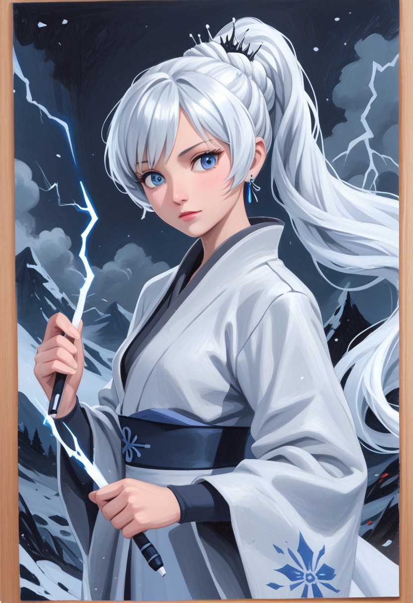 score_9, score_8_up, score_7_up,source_anime,  traditional media, painting (medium), watercolor (medium), high res image, masterpiece, best quality, beautiful eyes, perfect eyes,
 Weiss Schnee, Weiss Schnee, long hair, ponytail, white hair, blue eyes, small breasts, mature body,  wearing a fancy Japanese kimono, holding a lightning, Jagged Mountains background, black and purple swirling colors in background, realistic lighting 3D, anime, art by michellekuku