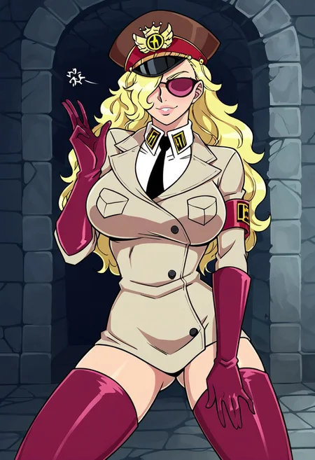DominoOP, 1girl, solo, long hair, wavy hair, blonde hair, sunglasses, hair over one eye, lips, large breast, uniform, hat, necktie, peaked cap, military uniform, gloves, high heels, boots, thighhighs, shirt, over the knee boots heels, tgigh boots, jacket, skirt, pockets, armband, collar,,seductive pose, sexy pose, tease, ruins, flirt gesture,spread legs,
score_9, score_8_up, score_7_up, beautiful aesthetic, very intricate, high quality details,vibrant, highly detailed, award-winning, professional,anime artwork, anime style, studio anime, athletic, toned female,muscular milf,curvy body, athletic girl,fit girl, perky tits,huge breast,perfect tits, round breasts, nipple outline,looking at viewer, pinup pose,teasing, dynamic lighting, cinematic, smug, better than you, aura of temptation, highly detailed, high resolution, masterpiece, detailed clother, detailed background, highly detailed, ((sound effects)) comic layout,