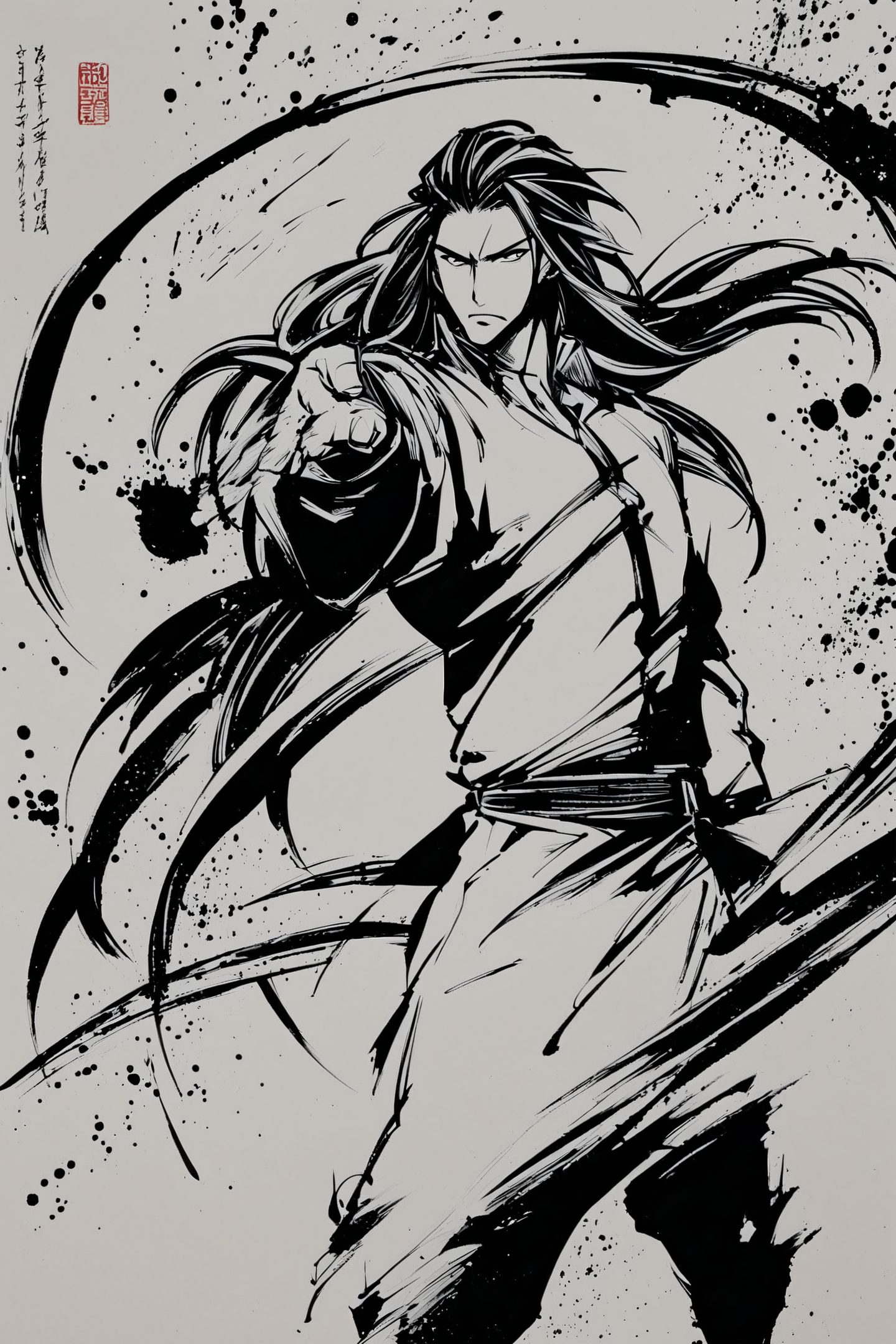 solo,male focus,1boy,monochrome,greyscale,long sleeves,fighting stance,long hair,
<lora:okazu_XL:0.9>,