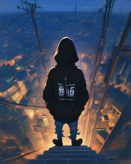 <lora:Sky_Alley_XL:1>
armchair, bangs, black hoodie, black nails, city, clothes writing, cross necklace, denim, facing away, full body, glowing, hands in pockets, hood, hood up, long hair, off shoulder, outdoors, pants, power lines, profile, scenery, sitting on stairs, solo, standing, t-shirt, torn clothes, wild_style