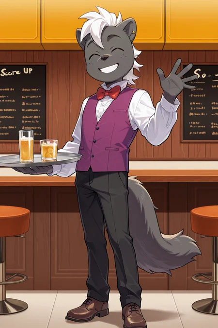 score_9, score_8_up, score_7_up, score_6_up, 1boy, solo, shunimai, skunk boy, furry male, white hair, dark gray fur, ear piercing, freckles, red bow, bowtie, purple vest, white shirt, black pants, long sleeves, brown footwear, ^ ^, smiling, waving, restaurant background, holding tray, looking at viewer