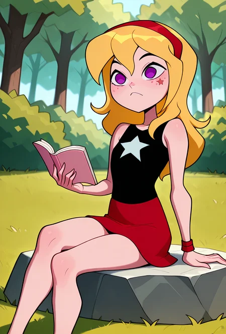 ((cartoon, screencap, )) <lora:lucysmall:1> lucysmall, solo, long hair, blonde hair, red hairband, black shirt, sleeveless, flat chest, star (symbol), purple eyes , tank top, wristband, miniskirt, red skirt, looking at viewer, dynamic pose, expressive face, facial expression, reading book, holding book, sitting on grass, leaning on rock, crossed legs, folded legs, feminine sitting, sitting on ground, forest, foreground blur, masterpiece, best quality, amazing quality, very aesthetic, absurdres, newest,