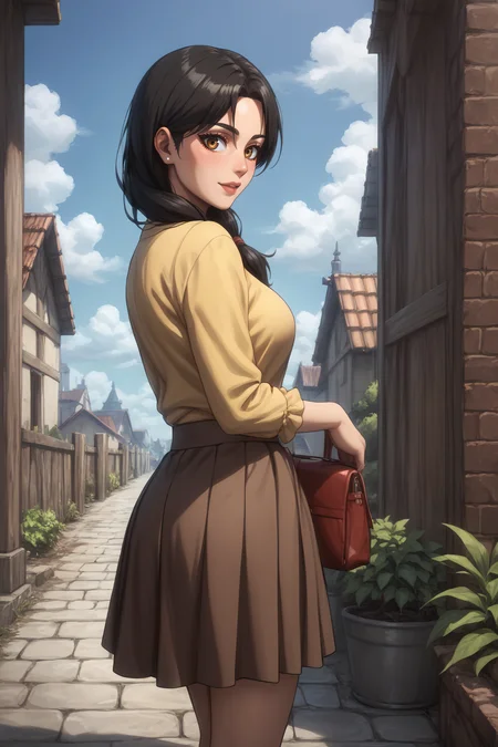 score_9, score_8_up, score_7_up, BREAK source_anime, <lora:carla yeager-PonyXL-lora-Faxtron:0.8> carla yeager, single hair, tucked-in yellow shirt, long sleeves, brown skirt,