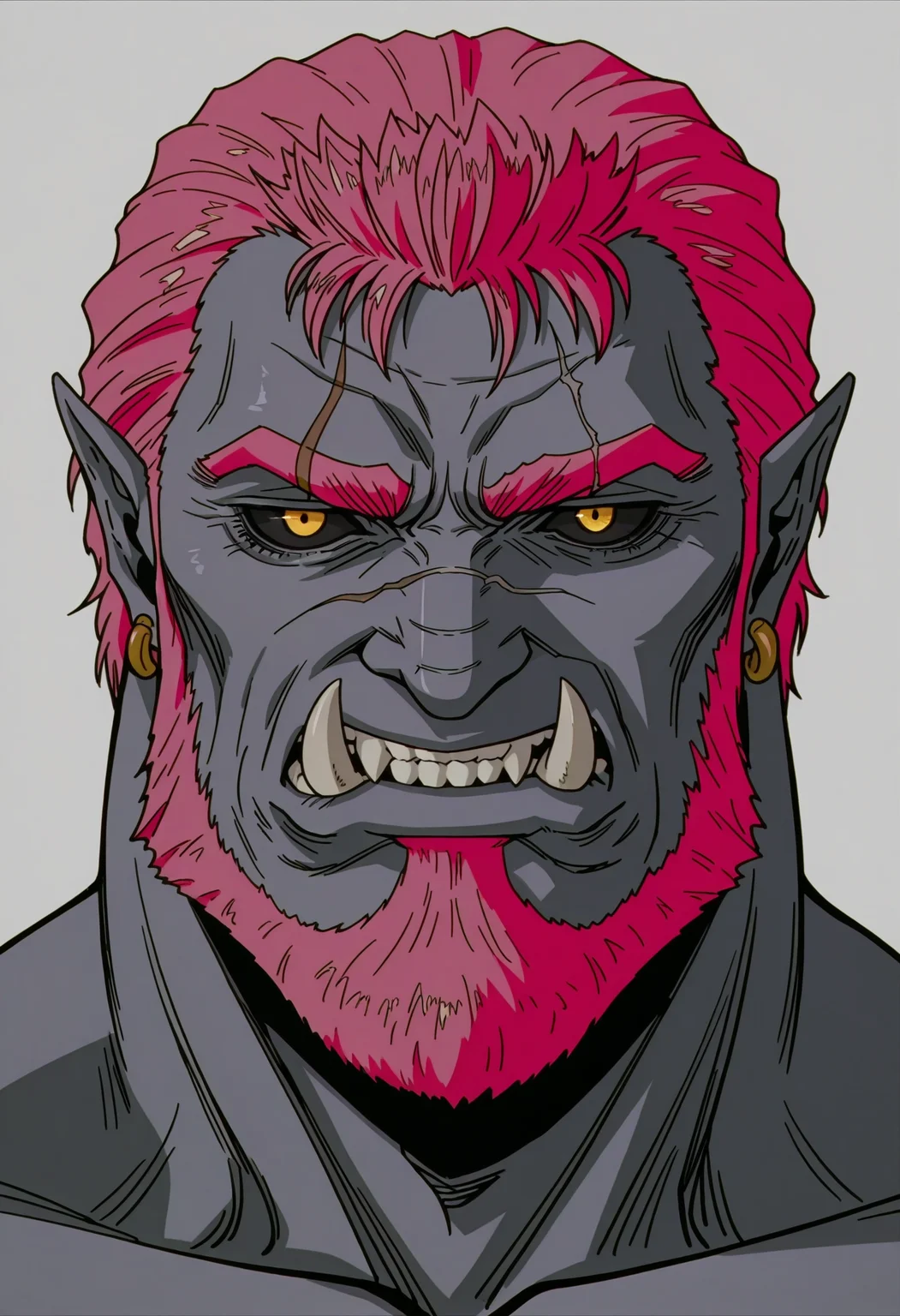 <lora:BerserkILLUSTRIOUS:1> berserk,
1boy, beard, male focus, solo, facial hair, tusks, colored skin, pink hair, short hair, colored sclera, mature male, grey skin, pointy ears, earrings, teeth, black sclera, portrait, jewelry, scar, grey background, simple background, looking at viewer