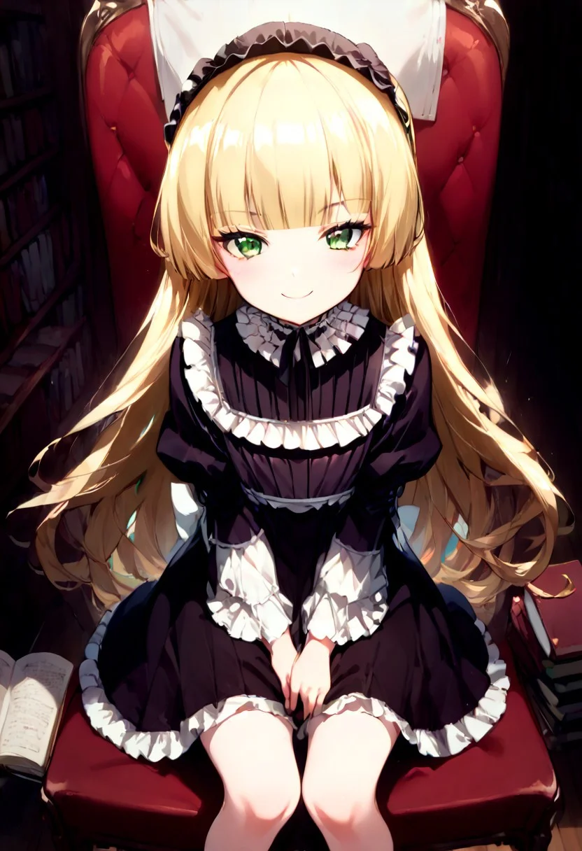 score_9, score_8_up, score_7_up, Expressiveh, source_anime, 1girl, solo, flat chest, bright smile, blush, victorique de blois, blonde hair,long hair,blunt bangs,green eyes,black bonnet, hairband,chin strap,victorique_clothes,gothic, black dress, ribbon, frills,pantyhose,black shoes,indoor,library,book,chair,sit,