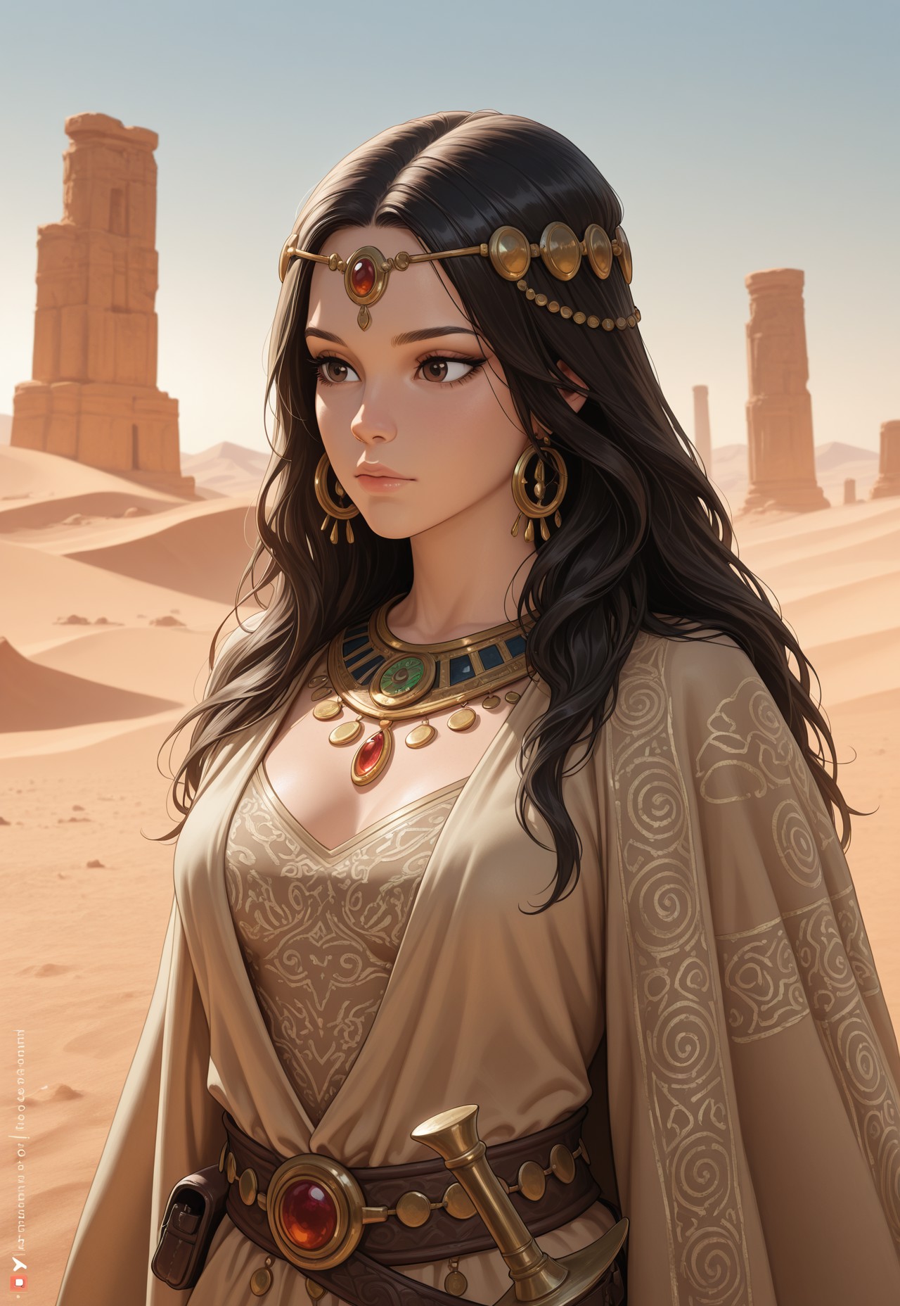 score_9, score_8_up, score_7_up, 1girl, solo, desert nomad, flowing robes with intricate embroidery and desert-inspired patterns, ancient curved scimitar with a polished bronze blade and a wrapped leather handle, long wavy black hair adorned with desert flowers, realistic, cinematic angle, cinematic lighting, slender body, mysterious face, deep brown eyes, vigilant pose
BREAK
standing guard at an oasis in the heart of the desert
BREAK
source_fantasy_art, rating_explicit, expressive, full body, dynamic pose
BREAK
detailed beautiful background, vast desert landscape with rolling sand dunes and distant mirages, lush oasis with palm trees and a sparkling pool of water, ancient ruins and desert creatures, distant mountains with rugged cliffs, mystical atmosphere with a sense of adventure and mystery
<lora:Expressive_H:0.6>Expressiveh, (SimplepositiveXLv1:1.3), (upper body, full clothed:1.85) ((masterpiece)) (ultra realistic, 32k, masterpiece:1.2), (high detailed skin:1.1), (high quality:1.1) (((full clothed))) <lora:DandonFuga_Style_v.2_-_Pony:0.8> 
<lora:add-detail-xl:1> 
<lora:Dynamic Poses:1>