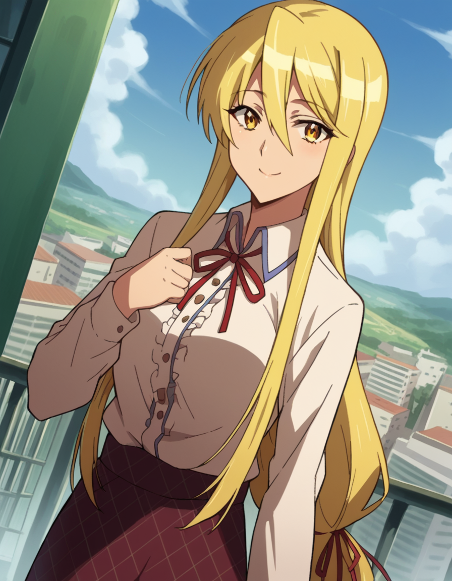 score_9, score_8_up, score_7_up, source_anime,
shizukamarikawa, <lora:shizuka-marikawa-ponyxl-lora-nochekaiser:1>,
shizuka marikawa, long hair, blonde hair, very long hair, low-tied long hair, yellow eyes, hair between eyes, smile,
skirt, shirt, long sleeves, ribbon, white shirt, frills, centered frills,
outdoors, cityscape,
looking at viewer, cowboy shot, dutch angle,