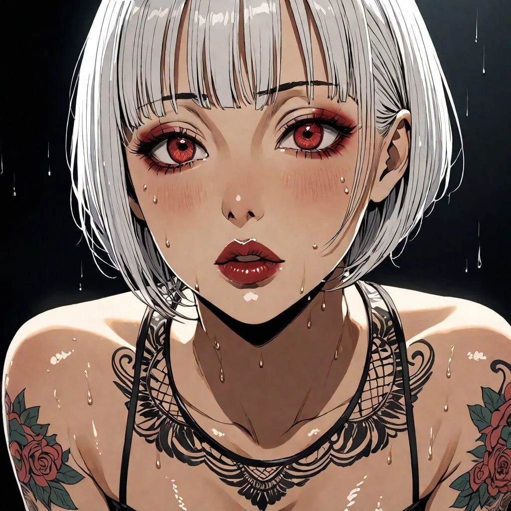 1girl, leaning forward to the viewer, eyes closed, kissing facial expression, seductive, alluring, in the art style of Junji Ito, sweaty white hair, ((red eyes)), indoors, lips, makeup, short hair, solo, tattoo, sweaty body, sweating, cinematic angle, foreshortening, dark background, cinematic lighting, masterpiece, best quality