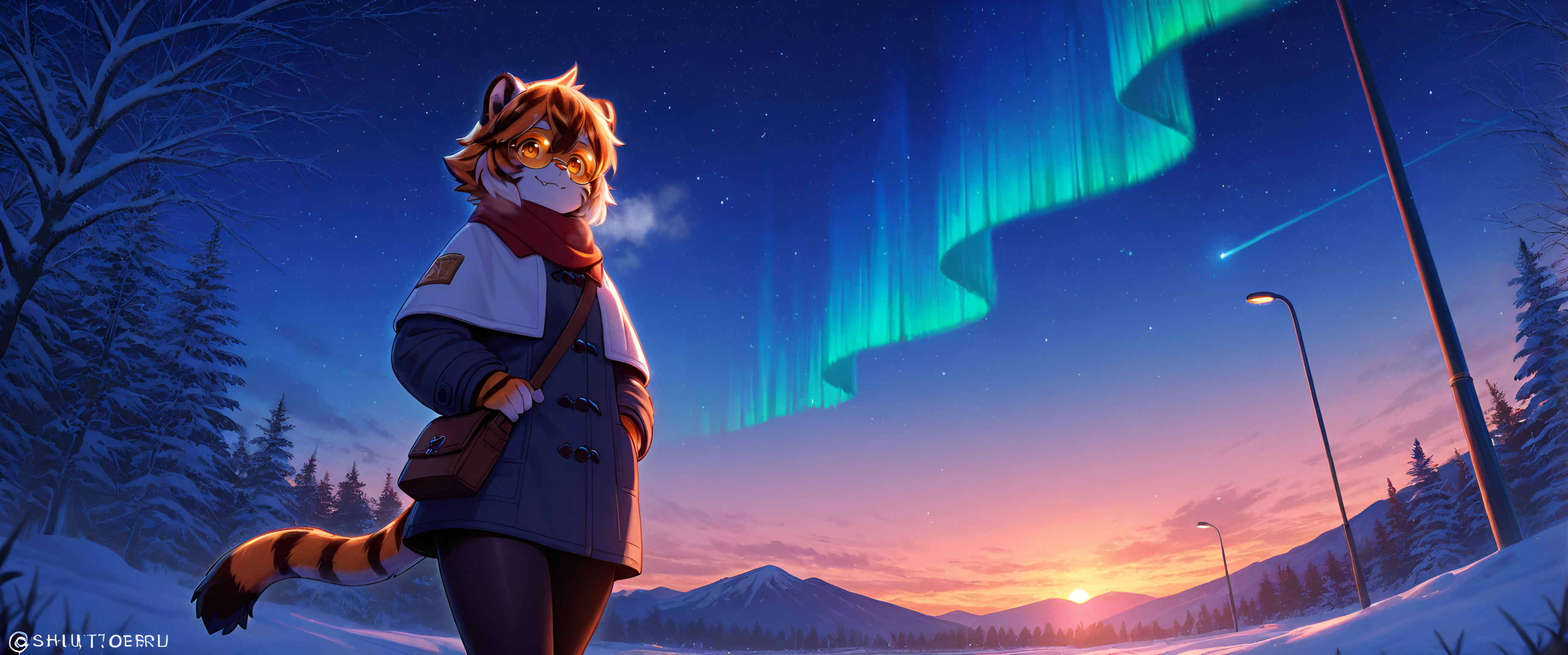 wolfsoul,motion blur,blur,from below,masterpiece, best quality, amazing quality,Sharp focus,UHD,High quality,64k,8k,Atmospheric,Sharp focus,UHD,1girl, solo, looking_at_viewer, smile, short_hair, simple_background, brown_hair, white_background, gloves, dress, animal_ears, hair_between_eyes, closed_mouth, standing, tail, yellow_eyes, white_hair, multicolored_hair, cowboy_shot, black_gloves, glasses, artist_name, fang, elbow_gloves, fingerless_gloves, nail_polish, orange_hair, black_dress, orange_eyes, hand_on_own_hip, capelet, watermark, chinese_clothes, sunglasses, black_nails, furry, bridal_gauntlets, two-tone_background, round_eyewear, furry_female, body_fur, tinted_eyewear, white_capelet, white_fur, tiger_ears, animal_nose, tiger_tail, brown_fur, tiger_girl, orange-tinted_eyewear, orange_fur, multicolored_fur, tiger_stripes, yellow-tinted_eyewear1girl, solo, looking_at_viewer, smile, short_hair, brown_hair, long_sleeves, brown_eyes, standing, jacket, pantyhose, outdoors, cowboy_shot, parted_lips, sky, pants, day, bag, orange_hair, scarf, coat, blue_sky, black_pantyhose, tree, looking_to_the_side, orange_eyes, black_pants, backpack, building, breath, snow, walking, shoulder_bag, snowing, hands_in_pockets, winter_clothes, road, blue_scarf, winter, lamppost, bare_tree, street, winter_coat, road_sign, black_bag, cold, traffic_lightoutdoors, sky, cloud, tree, no_humans, night, grass, star_\(sky\), night_sky, scenery, nature, starry_sky, forest, sunset, shooting_star, auroraoutdoors, sky, cloud, water, no_humans, night, star_\(sky\), night_sky, scenery, starry_sky, sunset, rock, mountain, horizon, mountainous_horizon, landscape, lake, purple_sky, aurora