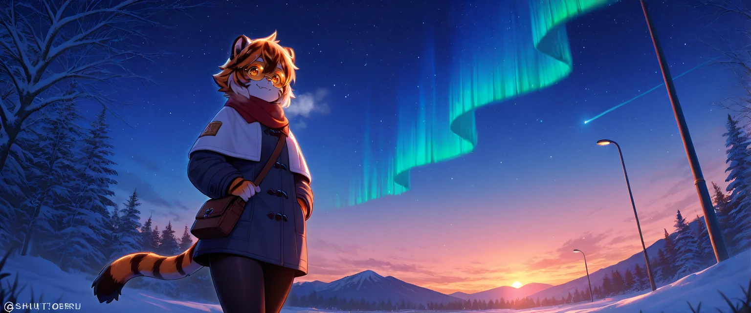 wolfsoul,motion blur,blur,from below,masterpiece, best quality, amazing quality,Sharp focus,UHD,High quality,64k,8k,Atmospheric,Sharp focus,UHD,1girl, solo, looking_at_viewer, smile, short_hair, simple_background, brown_hair, white_background, gloves, dress, animal_ears, hair_between_eyes, closed_mouth, standing, tail, yellow_eyes, white_hair, multicolored_hair, cowboy_shot, black_gloves, glasses, artist_name, fang, elbow_gloves, fingerless_gloves, nail_polish, orange_hair, black_dress, orange_eyes, hand_on_own_hip, capelet, watermark, chinese_clothes, sunglasses, black_nails, furry, bridal_gauntlets, two-tone_background, round_eyewear, furry_female, body_fur, tinted_eyewear, white_capelet, white_fur, tiger_ears, animal_nose, tiger_tail, brown_fur, tiger_girl, orange-tinted_eyewear, orange_fur, multicolored_fur, tiger_stripes, yellow-tinted_eyewear1girl, solo, looking_at_viewer, smile, short_hair, brown_hair, long_sleeves, brown_eyes, standing, jacket, pantyhose, outdoors, cowboy_shot, parted_lips, sky, pants, day, bag, orange_hair, scarf, coat, blue_sky, black_pantyhose, tree, looking_to_the_side, orange_eyes, black_pants, backpack, building, breath, snow, walking, shoulder_bag, snowing, hands_in_pockets, winter_clothes, road, blue_scarf, winter, lamppost, bare_tree, street, winter_coat, road_sign, black_bag, cold, traffic_lightoutdoors, sky, cloud, tree, no_humans, night, grass, star_\(sky\), night_sky, scenery, nature, starry_sky, forest, sunset, shooting_star, auroraoutdoors, sky, cloud, water, no_humans, night, star_\(sky\), night_sky, scenery, starry_sky, sunset, rock, mountain, horizon, mountainous_horizon, landscape, lake, purple_sky, aurora