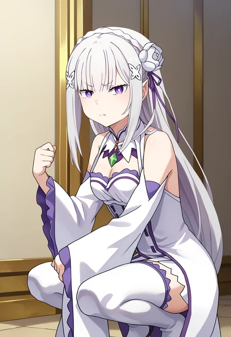 score_9, score_8_up, score_7_up, source_anime,
BREAK
1girl, solo,
<lora:shiEmiliaV2:1> shimilia, long hair, grey hair, purple eyes, pointy ears, crown braid, hair flower, hair ribbon, purple ribbon, x hair ornament, white dress, cleavage, bare shoulders, wide sleeves, white thighhighs, thigh boots,
<lora:shiDisgustFaceV1:1>, shidisgustface, squatting, disgust,