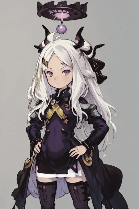 (Yoshida_Akihiko_PonyXL_style_v02.10.01:1.0), solo, 1girl, (chibi:0.3), gray background, halo, hina, hands on hips, puple eyes, (Bravely Default Style), yoshida akihiko, purple eyes, <lora:pony\char\game\ba\hina.pony.safetensors>, <lora:pony\style\Yoshida_Akihiko_PonyXL_style_v02.10.01.safetensors>, <lora:styles\yoshida_akihiko_offset.safetensors>, <lora:styles\BravelyDefault.safetensors>, <checkpoint:[Pony] ponyRealism_v21MainVAE.safetensors>, <checkpoint:[SD15] tfmCutesyAnime2_genesis.safetensors>