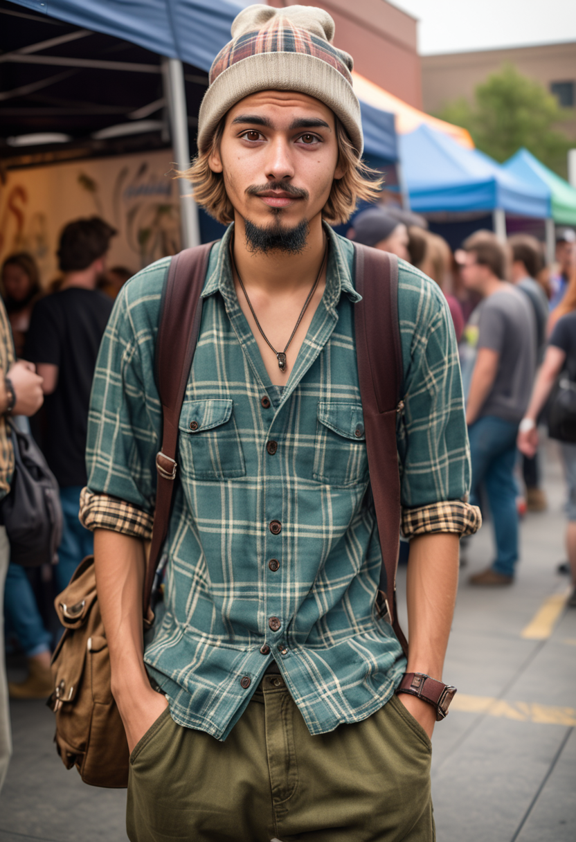 award winning, (professional photo) of (trendy hipster) young man, Very thin build, short hazel hair, man bun hair, goatee, mexican, caramel skin, olive green eyes,  wearing a plaid chambray shirt, cuffed trousers, slip-on shoes, messenger bag beanie, set in the 2010s, in  an indie music festival, with unique stages, artistic displays, diverse lineup, relaxed ambiance, and creative food options, at day, , creative, beautiful, vibrant, masterpiece, 64k, UHD, HDR, full view, atmospheric lighting, extremely detailed
