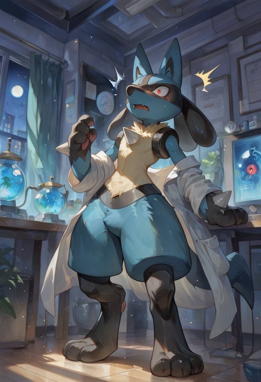 solo, male, male focus. (luc4r10, pokemon (creature)), watercolor \(medium\), traditional media, red eyes, chest spike, fur, tail, lean body, lucario, fluffy fur, pretty, (flat-chested), dense fur, Laboratory room, night, ripped lab coat, confused face, Sweat, panic, shocked face, checking self, BREAK, highres, masterpiece, best quality, amazing quality, very awa, absurd res, newest, very aesthetic, year 2024, absolutely eye-catching, intricate details, digital-quality, detailed background, perfect anatomy, detailed face, detailed eyes