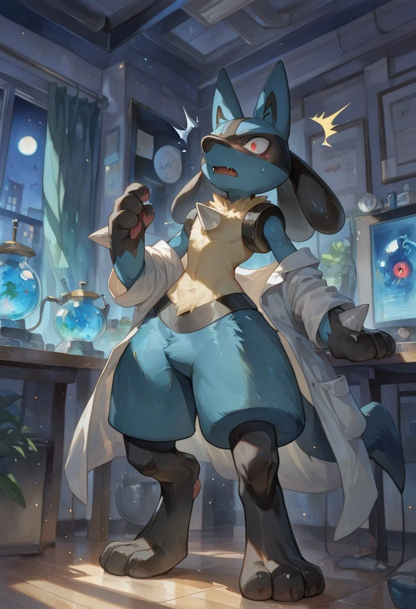solo, male, male focus. (luc4r10, pokemon (creature)), watercolor \(medium\), traditional media, red eyes, chest spike, fur, tail, lean body, lucario, fluffy fur, pretty, (flat-chested), dense fur, Laboratory room, night, ripped lab coat, confused face, Sweat, panic, shocked face, checking self, BREAK, highres, masterpiece, best quality, amazing quality, very awa, absurd res, newest, very aesthetic, year 2024, absolutely eye-catching, intricate details, digital-quality, detailed background, perfect anatomy, detailed face, detailed eyes