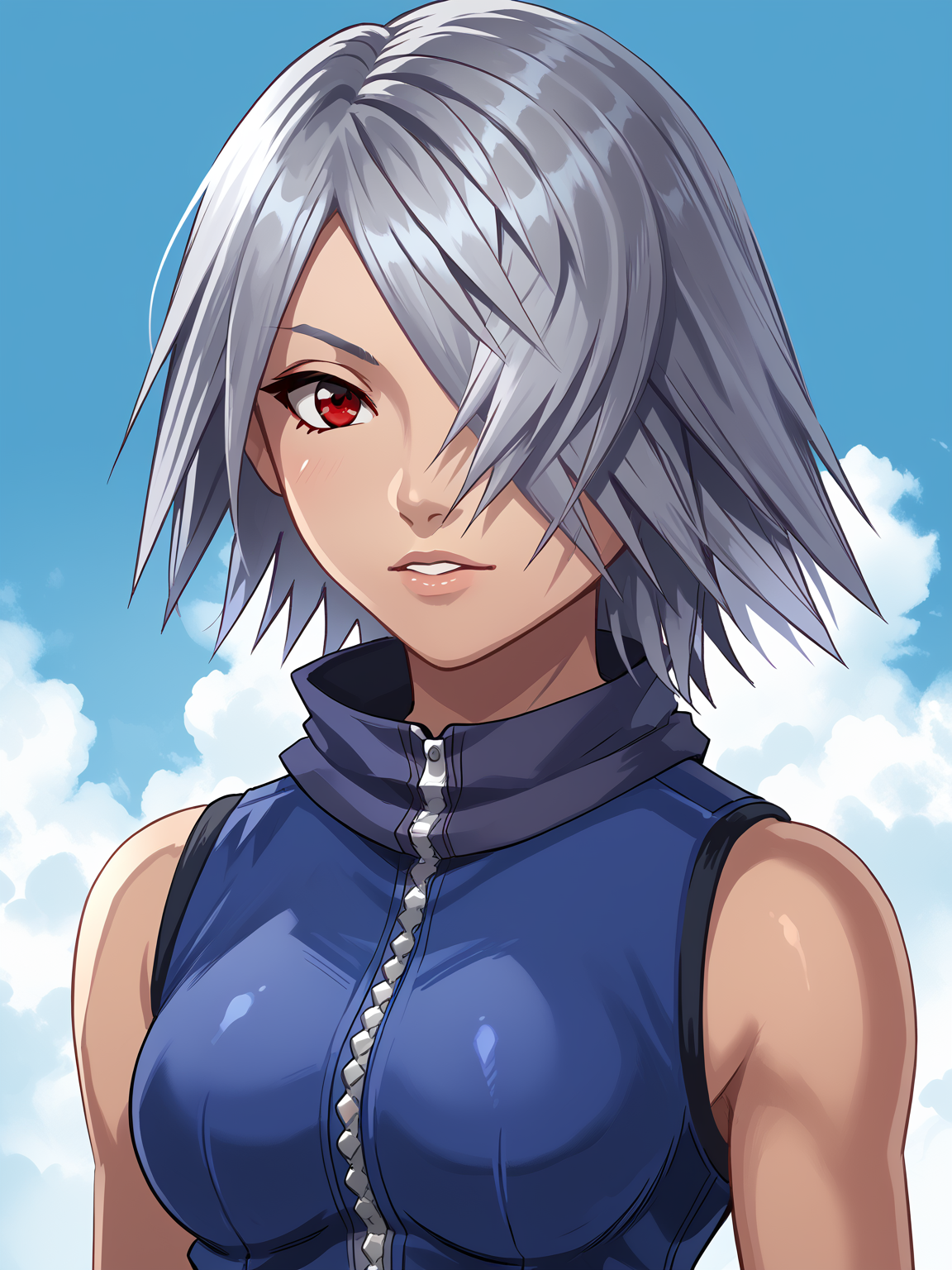 <lora:Fuu-Fuujin _ KH2-FF8_Pony:0.8> fuu \\(kingdom hearts\\), score_7_up, grey hair, red eye, hair over eye