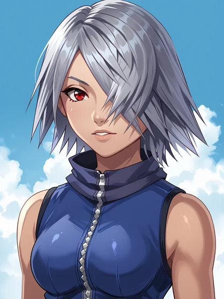 <lora:Fuu-Fuujin _ KH2-FF8_Pony:0.8> fuu \\(kingdom hearts\\), score_7_up, grey hair, red eye, hair over eye