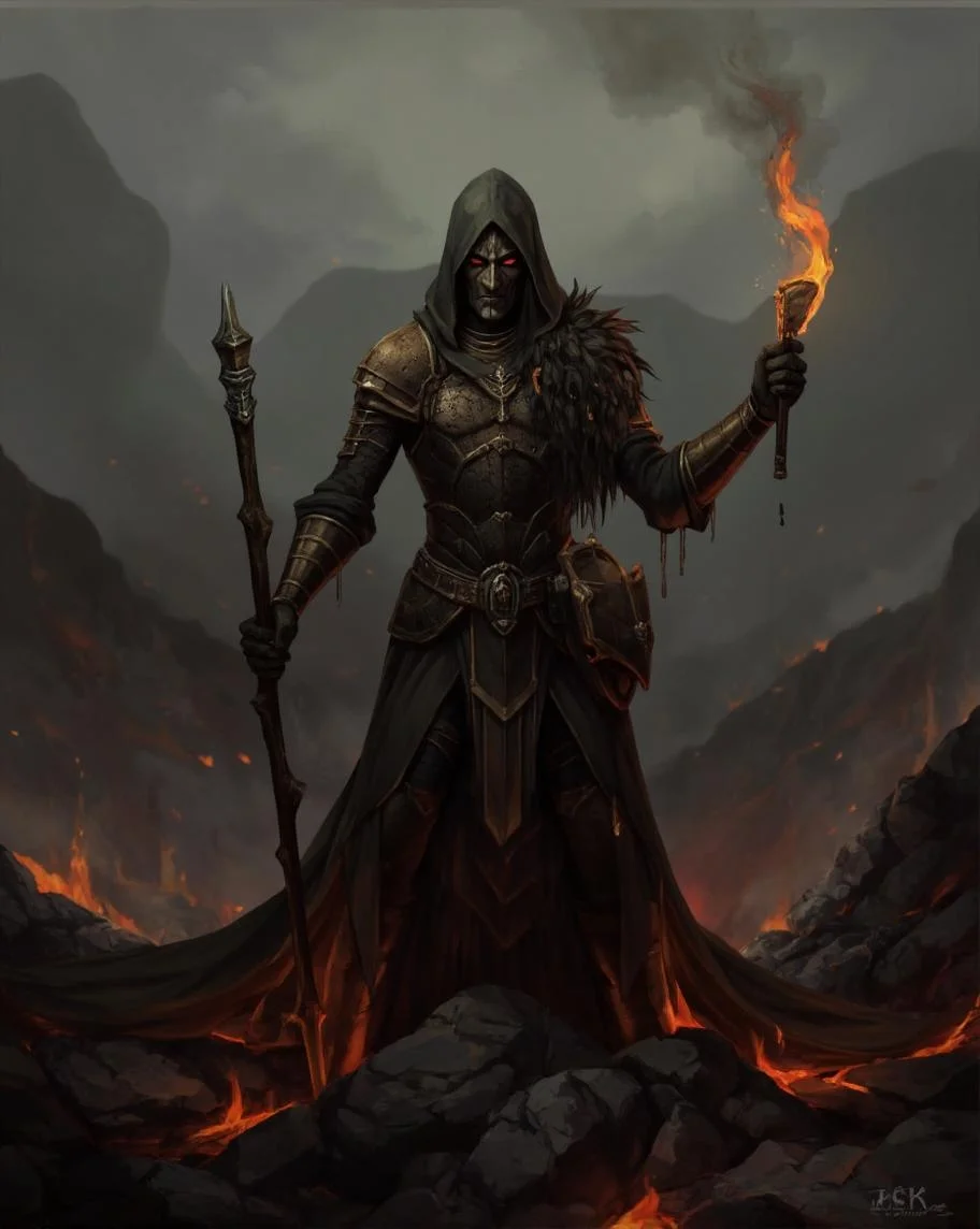 <lora:ck-LttleGhost-000011.safetensors:1> in the style of ck-lttlegh0stAn enigmatic figure stands amidst smoldering rubble, clad in ornate plated armor with intricate details and earthy textures, wielding a glowing staff-like weapon that casts a fire-imbued aura. The dark and mystical atmosphere is set against a foggy, smoky backdrop, evoking medieval and fantasy elements.