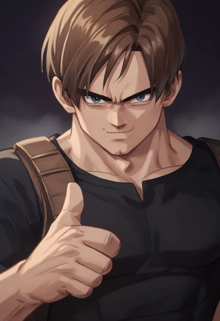 score_7_up, score_8_up, score_9_up, thumbcurse, leonkennedy, brown hair, medium length hair, bblack tshirt, 1boy, solo, thumbs up, upper body, (((looking at viewer))), smile, closed mouth, <lora:LeonKennedyXL:1>, male focus, fog, dark background, short sleeves, muscular, perfect hands, <lyco:GoodHands-beta2:1>