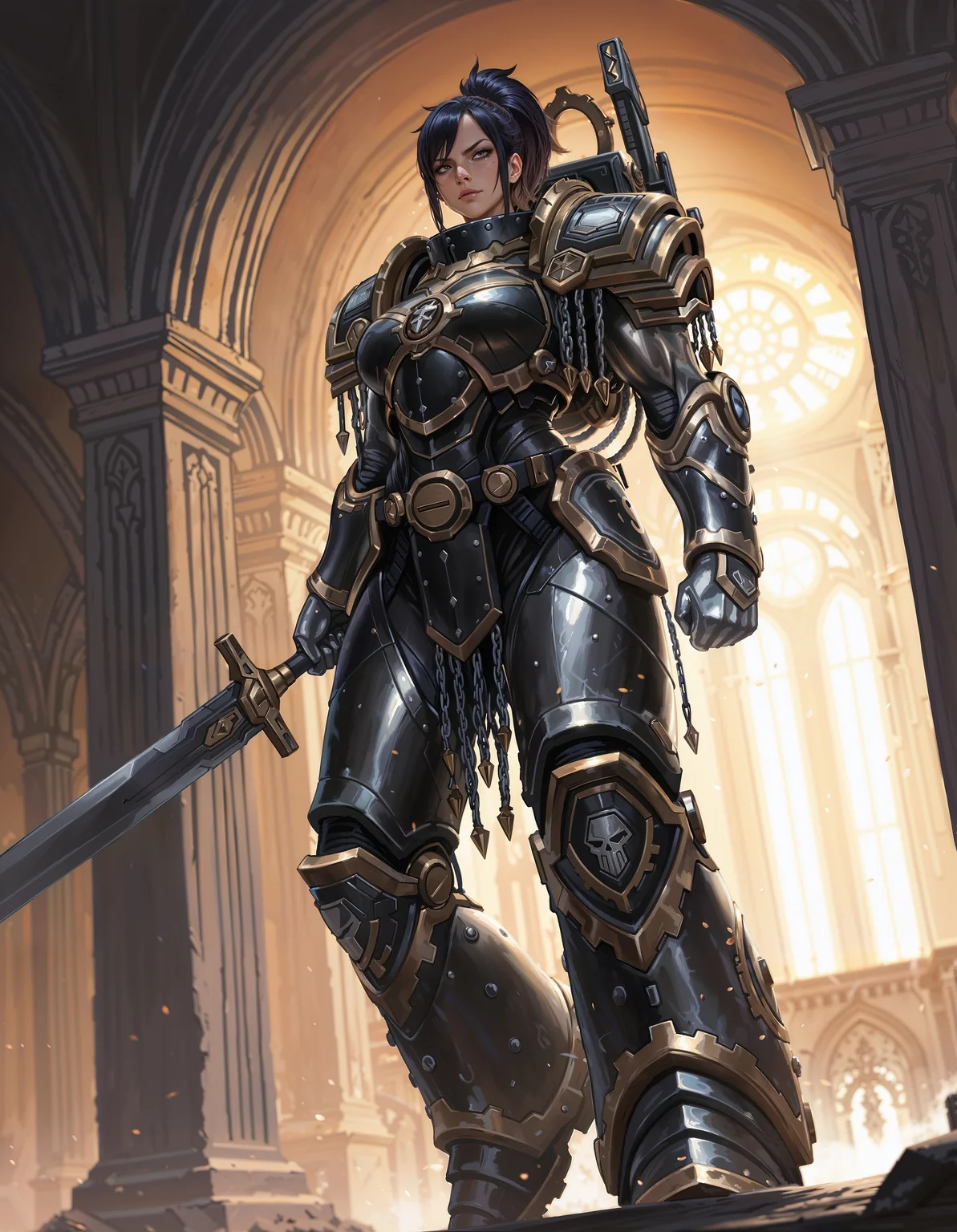 masterpiece, best quality,high quality, newest, highres,8K,HDR,absurdres, dynamic angle, realistic, 1girl, iLLFerrusM40k, solo, metallic arms, power armor, determined eyes, holding a sword, in a palace  <lora:iLLFerrusM40k:1>