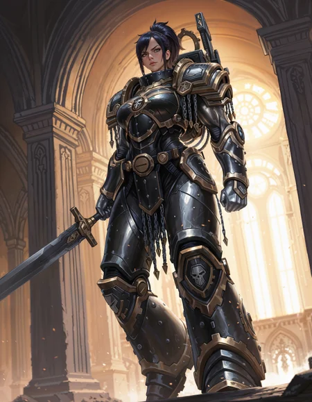 masterpiece, best quality,high quality, newest, highres,8K,HDR,absurdres, dynamic angle, realistic, 1girl, iLLFerrusM40k, solo, metallic arms, power armor, determined eyes, holding a sword, in a palace <lora:iLLFerrusM40k:1>