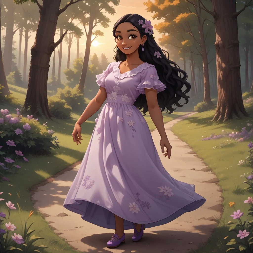 score_9, score_8, BREAK, solo, black hair, brown eyes, flower hair ornament, earrings, dark skin, dark skin female, lavender long dress, purple shoes, Isabela_Madrigal_(Encanto), cute, sexy pose, self portrait, smile, outdoors, sunlight, shadows, evening lighting, natural lighting, forest, trees, grass, orange sky, sunset