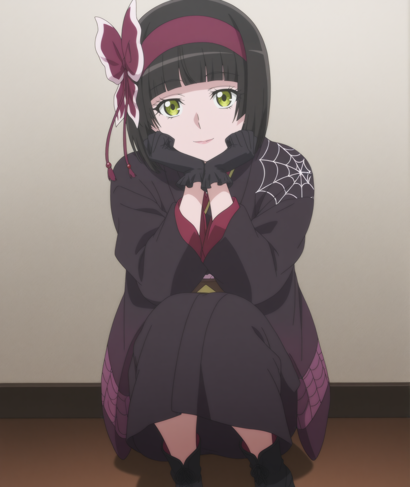 official art, absurdres, highres, anime coloring, hi res, best quality, masterpiece, 2d, intricate details, 4k,
1girl, solo, female, eyelashes, nose, short hair, bangs, green eyes, yellow eyes, black hair, blunt bangs, bob cut,
hairband, red hairband, pink hairband, bow, ribbon, hair ribbon, hair bow, red bow,
gloves, black gloves, japanese clothes, kimono, sash, obi, black kimono, spider web print,
boots, black footwear, high heels, high heel boots, ankle boots,
cowboy shot, looking at viewer, sitting, arms on knees,
depth of field, white background, <lora:Mio_(Character)_ILXL:1>, mio \(tsuki ga michibiku isekai douchuu\), tsuki ga michibiku isekai douchuu,