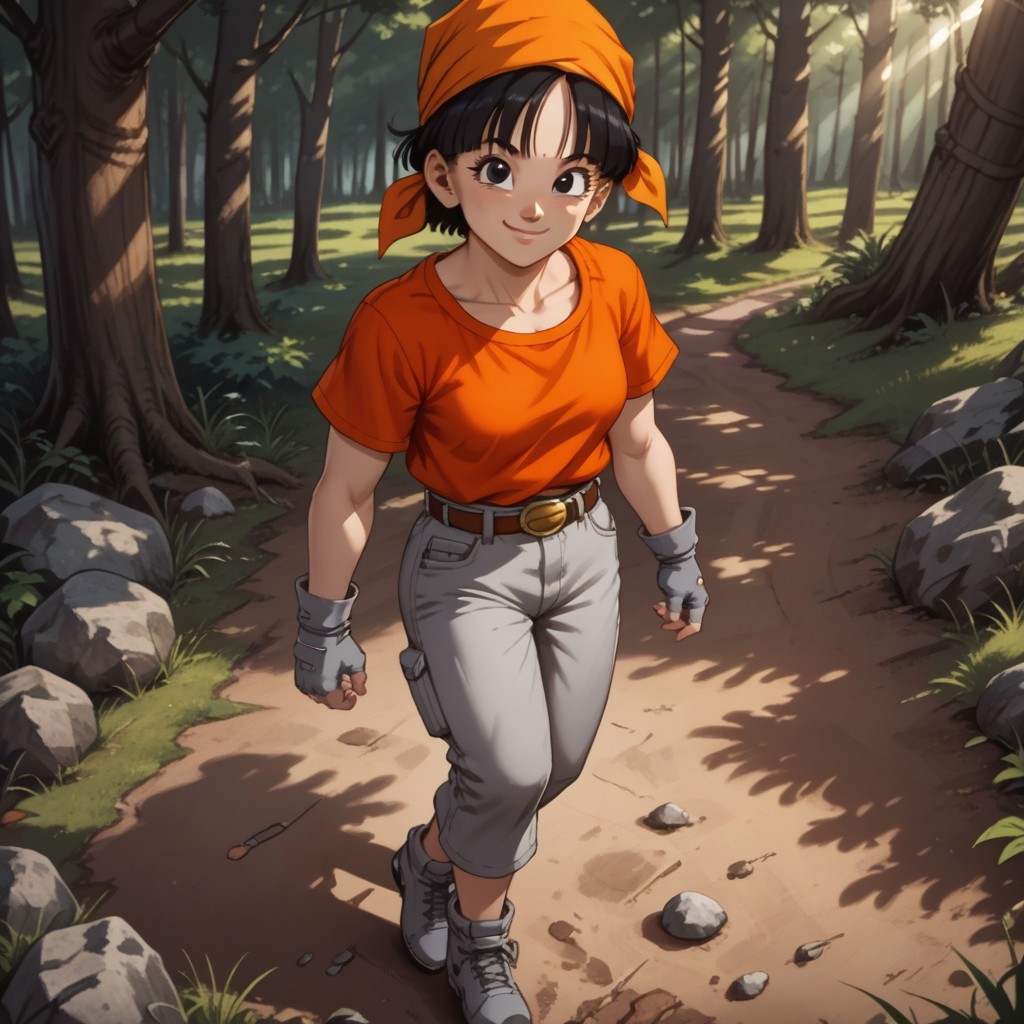 score_9, score_8, BREAK, solo, Pan_(Dragon_Ball_GT), 1girl, black hair, adorable face, cute face, black eyes, cute eyes, orange bandana, short sleeves, red crop top, grey jeans, grey fingerless gloves, grey shoes, self portrait, smile, looking at viewer, outdoors, sunlight, shadows, evening lighting, natural lighting, forest, trees, grass, orange sky, sunset