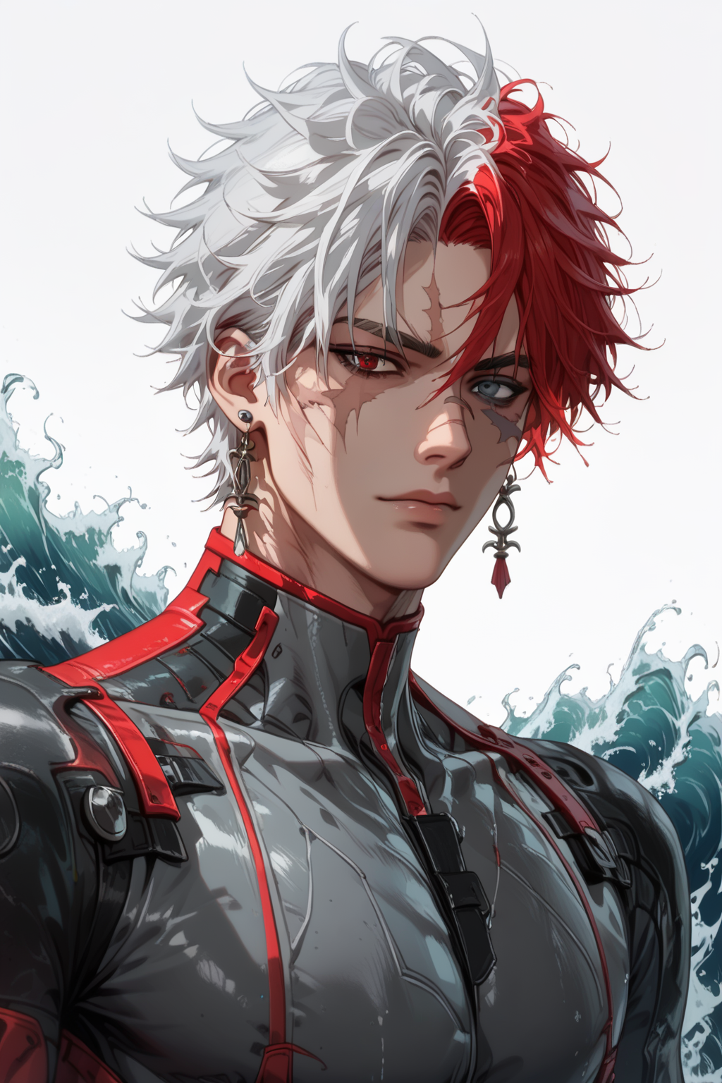 [<lora:ãè¾çãé¸£æ½®-ä¼¤ç:1>,1boy,scar_(wuthering_waves),short hair,red hair,white hair,multicolored hair,earrings,bodysuit,grey bodysuit,gloves,scar,scar on face,grey eyes,red eyes,heterochromia,],<lora:æ¼«ç«ç´°ç¯å å¼·:1>,<lora:é»æèºæ¯é£æ ¼:1>,, score_9ãscore_8_upãscore_7_up, masterpiece, best quality,