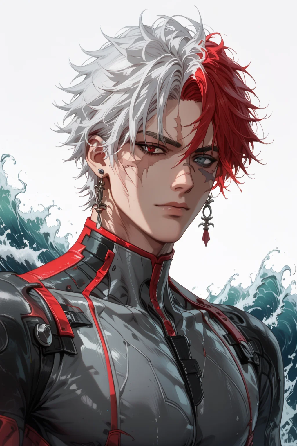 [<lora:ãè¾çãé¸£æ½®-ä¼¤ç:1>,1boy,scar_(wuthering_waves),short hair,red hair,white hair,multicolored hair,earrings,bodysuit,grey bodysuit,gloves,scar,scar on face,grey eyes,red eyes,heterochromia,],<lora:æ¼«ç«ç´°ç¯å å¼·:1>,<lora:é»æèºæ¯é£æ ¼:1>,, score_9ãscore_8_upãscore_7_up, masterpiece, best quality,