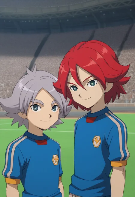 score_9, score_8_up, score_7_up, source_anime, highly detailed, skinny, slender, 2boys,
hiroto2, 1boy, soccer uniform, sportswear, red hair, upper body, tracksuit, smile, BREAK
fubuki2, 1boy, soccer uniform, sportswear, smile, raimon soccer uniform, raimon, grey hair,
standing, hands on shoulders, posing for a photo