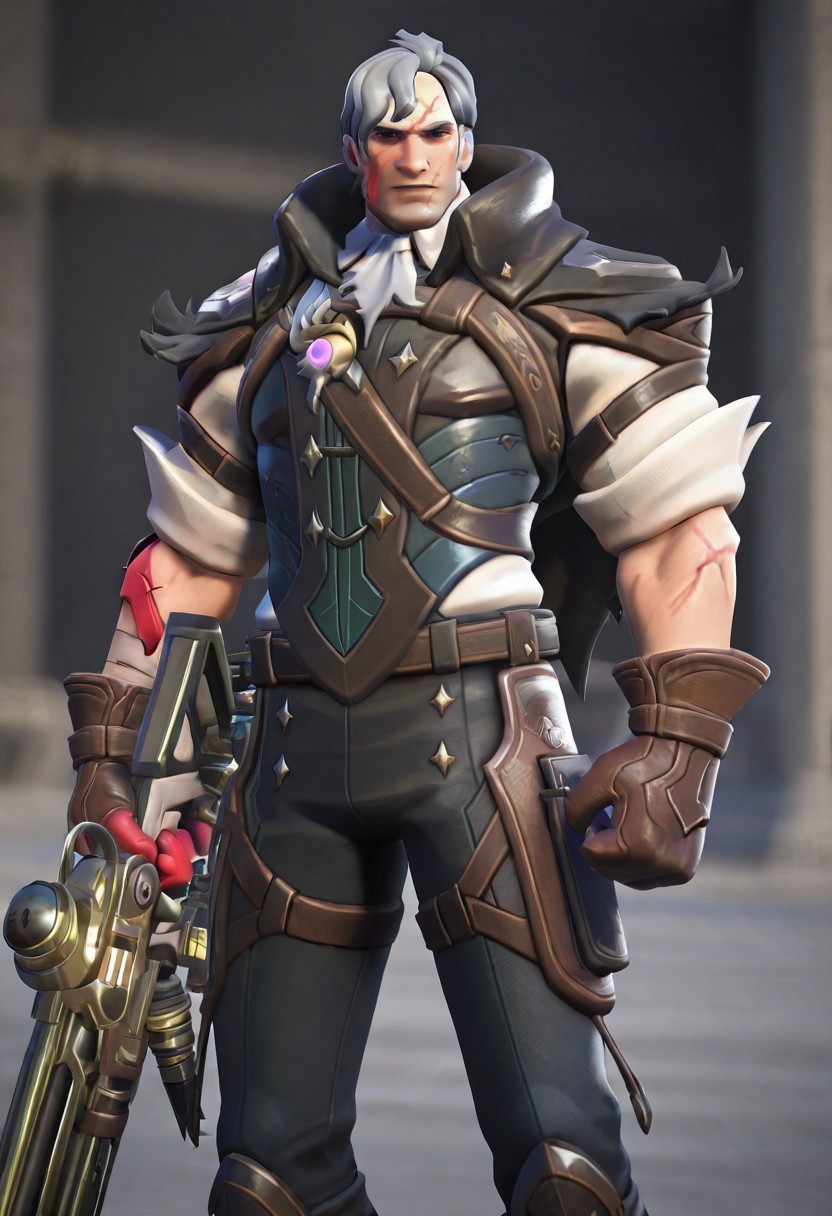 3d, realistic, rim light, soldier: 76 \(survivor: 76\) \(overwatch\), 1boy, mature male, manly, ultra-detailed face, slightly short grey hair, blue eyes, scar on face, bara), (white ascot, white shirt, vest, cape, brown gloves, pant), holding an assault rifle, holding weapon, looking at viewer, scenery, very awa, masterpiece, best quality, absurdres, newest, perfect quality, detailed background, intricate details