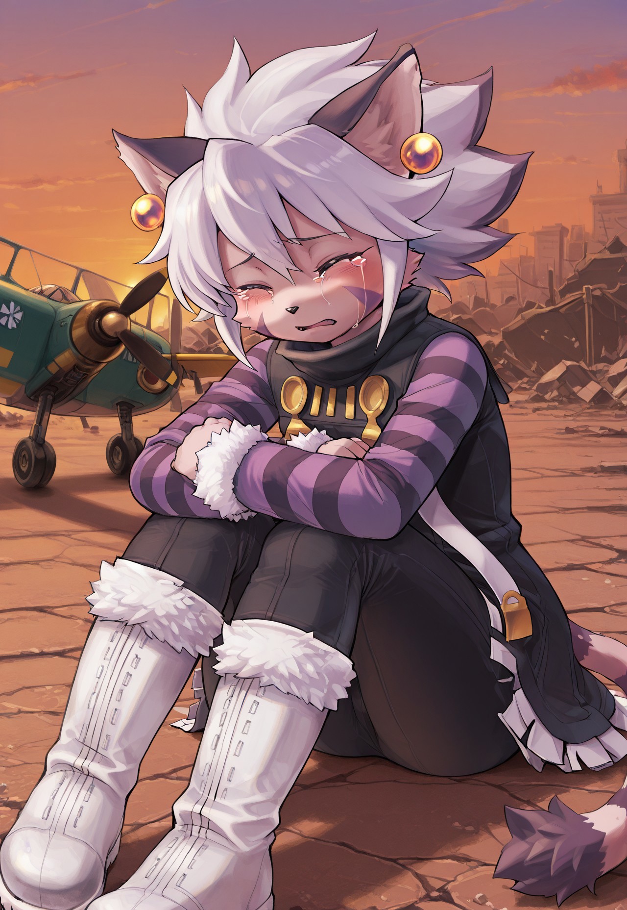 1girl, solo, anime, very aesthetic, scrapyard, crashed yellow airplane, evening, furry female, cat ears, orange eyes, short hair, white hair, facial mark, animal nose, striped tail, elhattire, earrings, fur trim, striped sleeves, white boots, black pants, cute, sitting on ground, hugging legs, crying, tears, eyes closed, open mouth, sad expression