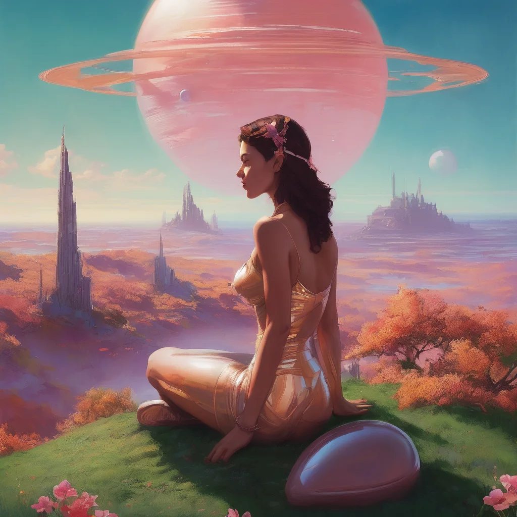 Retro-futuristic landscape, woman relaxing on a grassy hilltop near a spaceport, sitting or reclining with a peaceful expression, looking up at the sky, a massive ringed planet looming above in the soft, pastel-hued sky, its rings casting subtle shadows over the landscape, the spaceport in the distance, sleek and streamlined with retro-futuristic architecture, shimmering with metallic surfaces, soft light from the planet reflecting on her skin, the hilltop surrounded by lush, alien plant life, glowing flowers and greenery swaying gently in the breeze, high-contrast, vibrant colors, with a dreamy, surreal atmosphere
